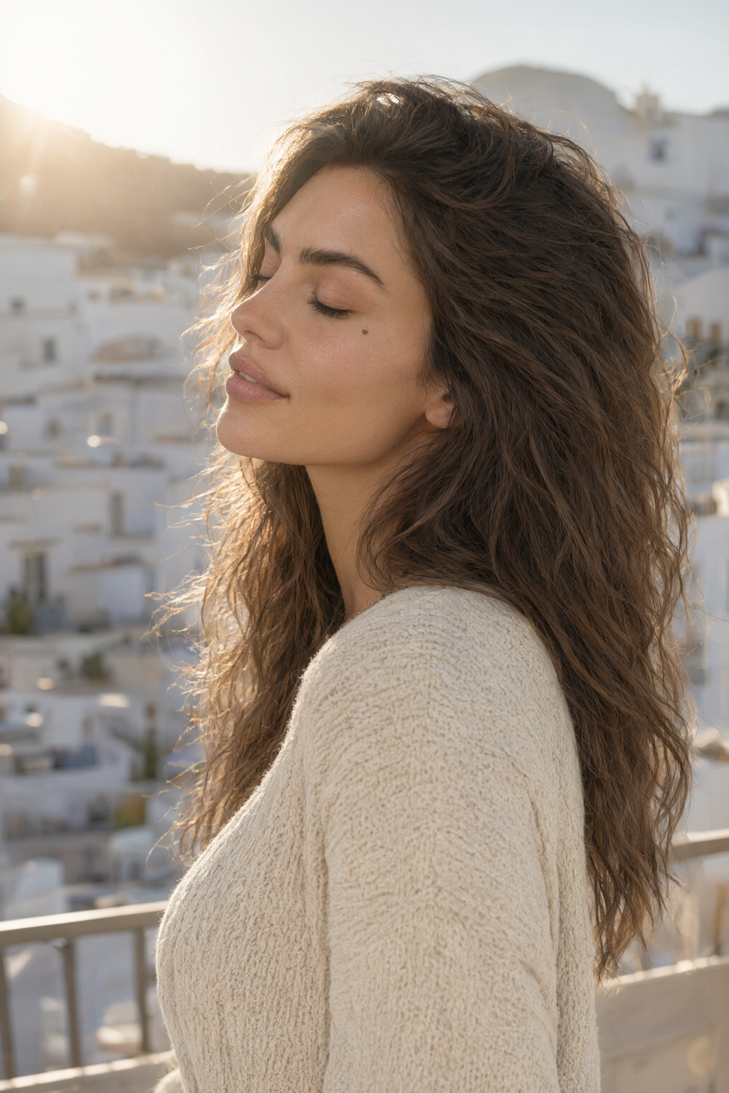 Close-up side profile of her in a cream knit sweater on a sunny balcony, eyes closed, face tilted up to the sun, warm lens flare, shallow depth of field, a white Mediterranean town blurred behind