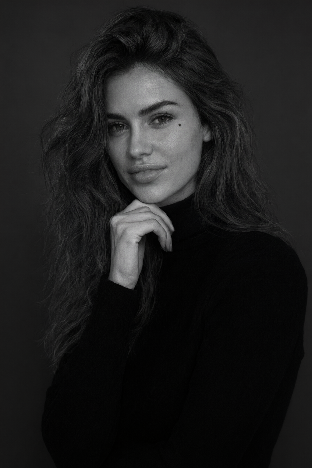 Black and white studio portrait with dramatic Rembrandt side lighting: she rests her chin on her hand and gives a serious, intense look into the lens, black turtleneck, dark background, medium format film