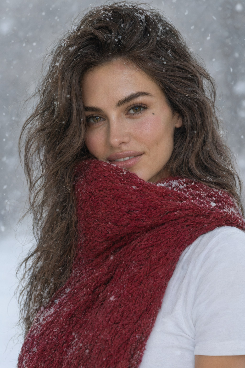 Tight telephoto close-up in falling snow: she pulls a chunky red knit scarf up to her chin, rosy cheeks, snowflakes in her hair and on her eyelashes, soft overcast light, 135mm lens