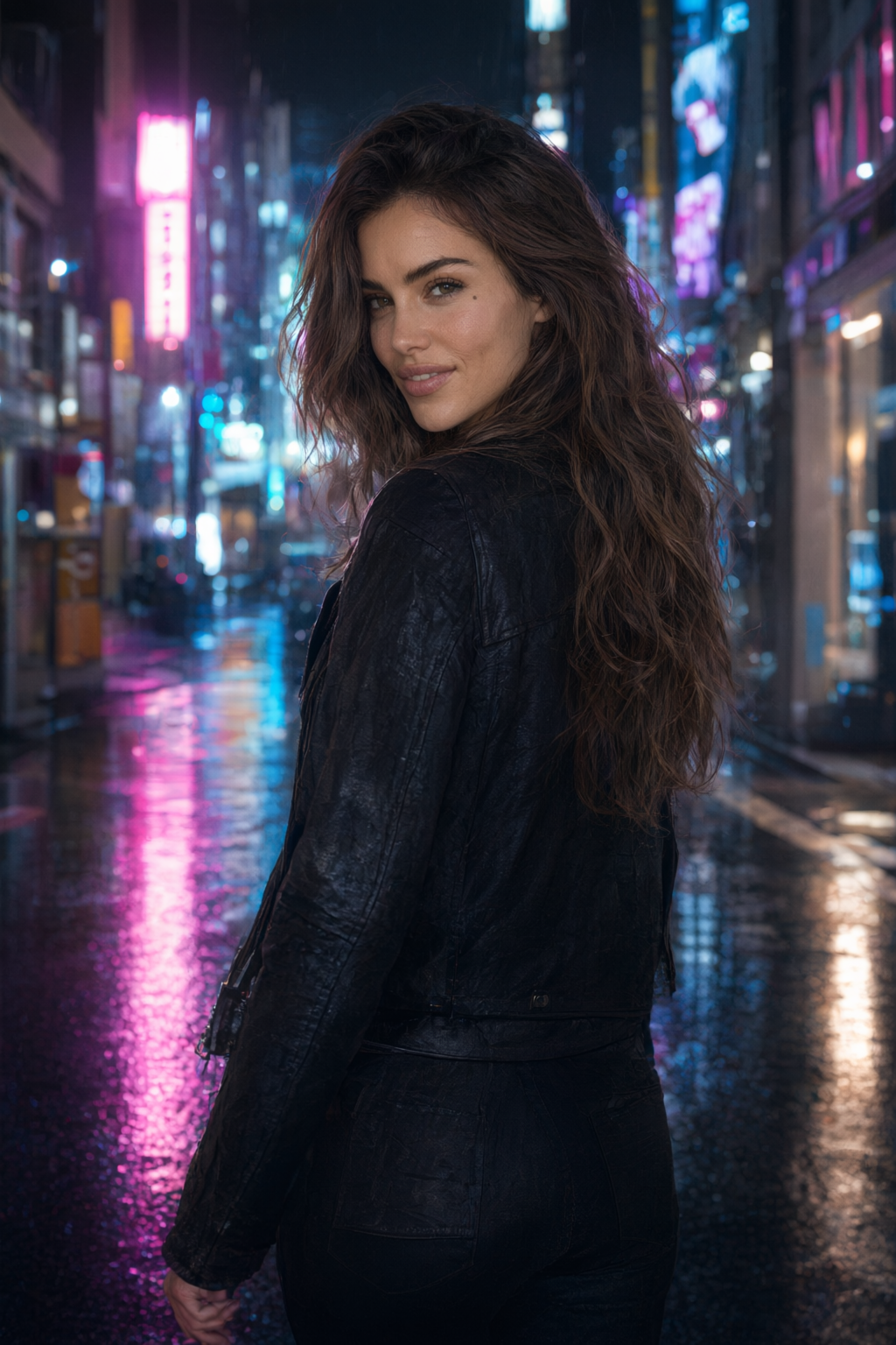 Rainy night in Tokyo, photographed from behind: she walks away from the camera along a wet neon-lit street wearing a black leather jacket, turning her head to look back over her shoulder with a teasing smile; handheld phone camera, slight motion blur, pink and blue neon reflected in puddles