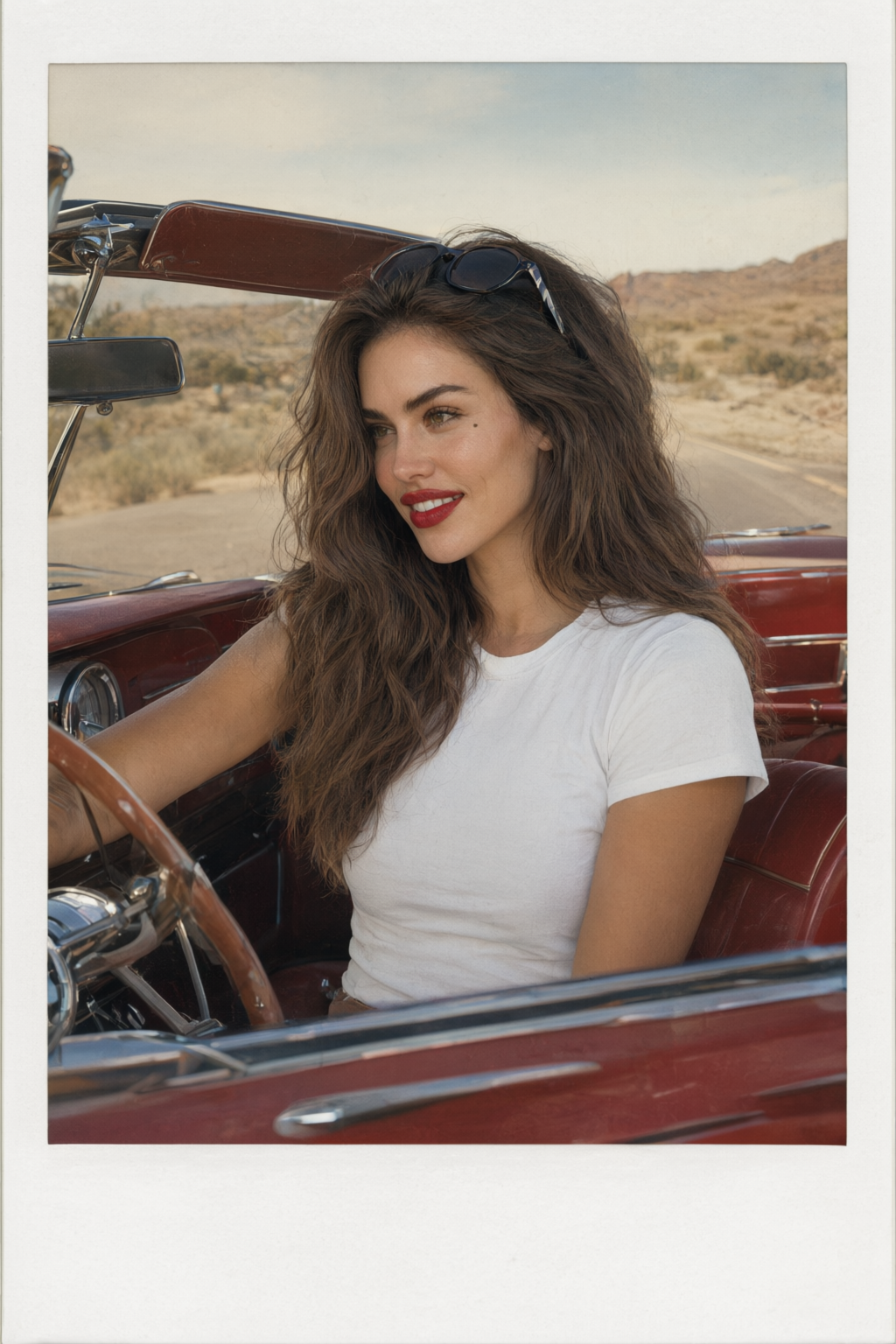 Polaroid photo of her in the driver seat of a vintage red convertible, sunglasses pushed up on her head, red lipstick, smiling sideways at the passenger, desert road behind, faded colours inside a white polaroid border