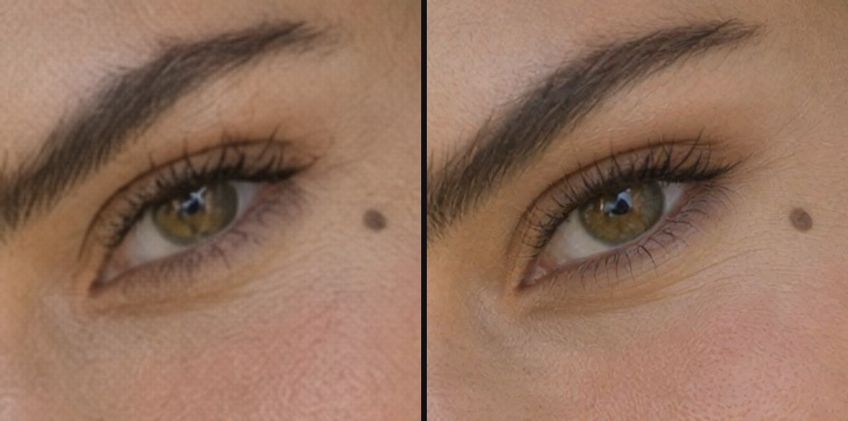 The same eye before (left) and after (right) a 2x upscale